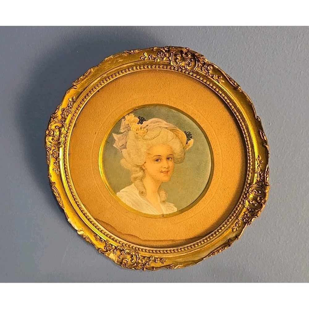 Antique Portrait Of Blonde Woman With‎ Pink Hat Victorian Frame Golden Round